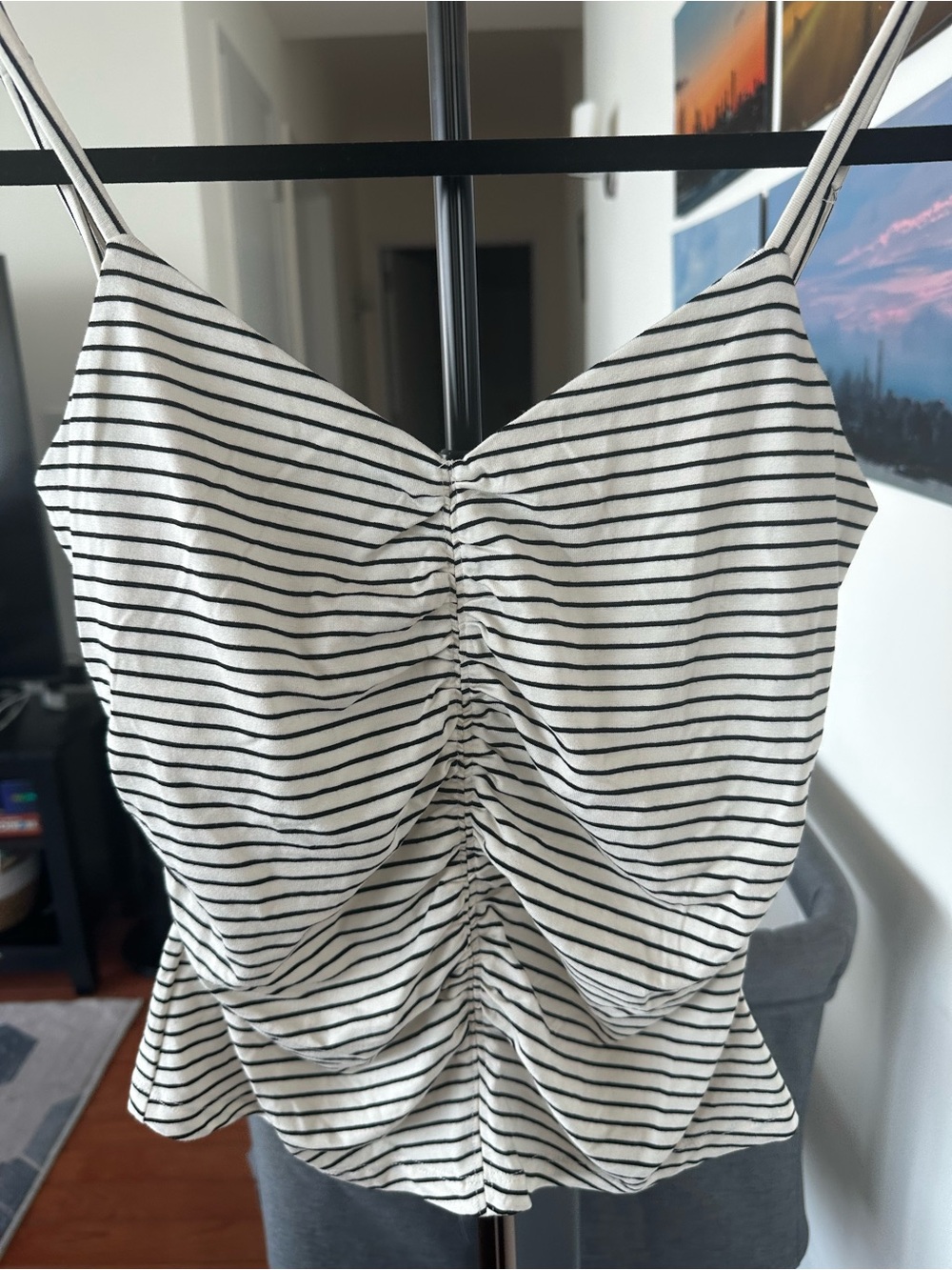 Mango Black & White Striped Ruched Cami